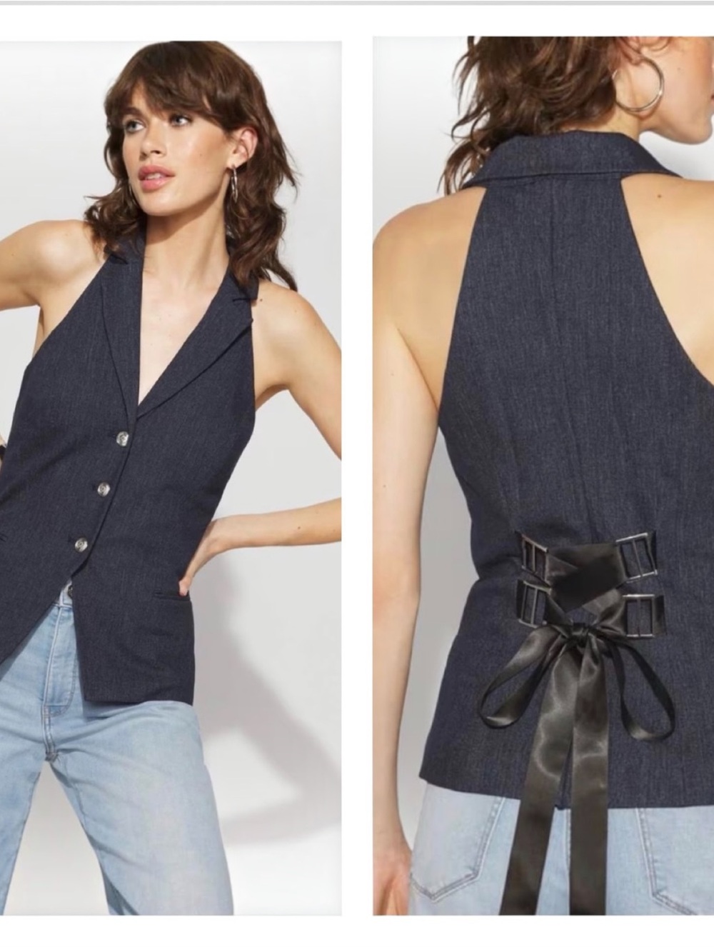 White House Black Market Longline Halter Vest with Lace-Up Back Indigo 8